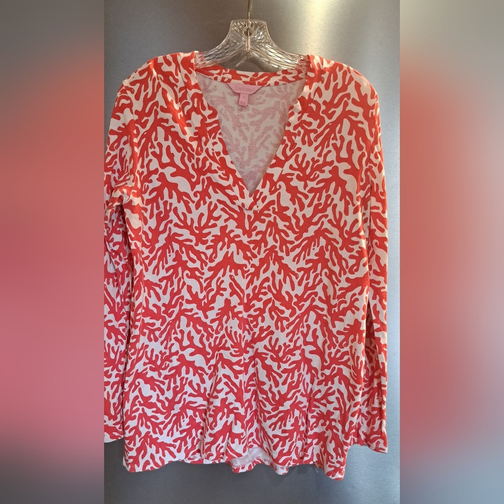 Lilly Pulitzer Cotton & Modal Long Sleeve V Neck Hot Pink Sea Coral Beack LRG